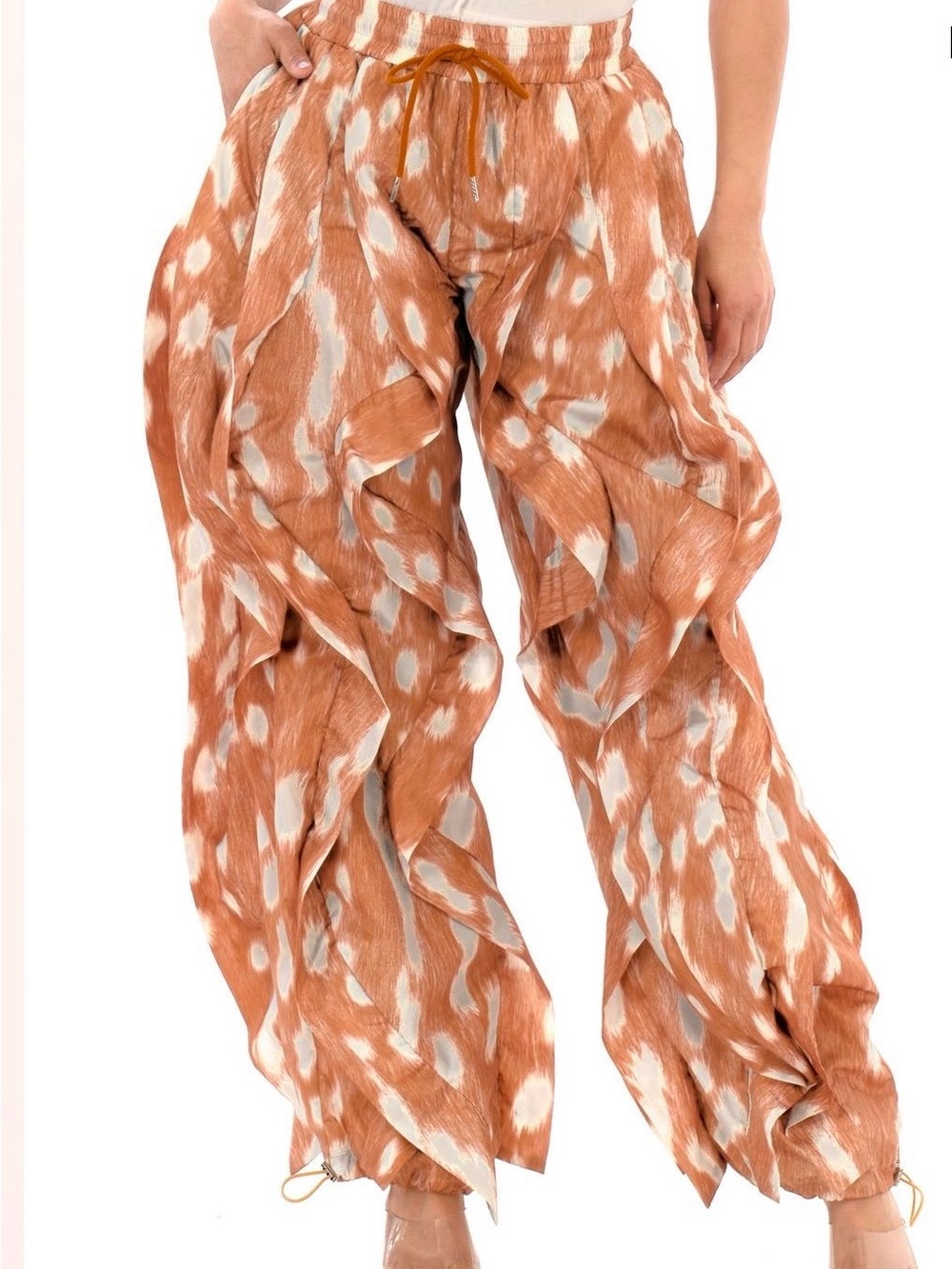 Rust Brown Printed Wide-Leg Drawstring Pants